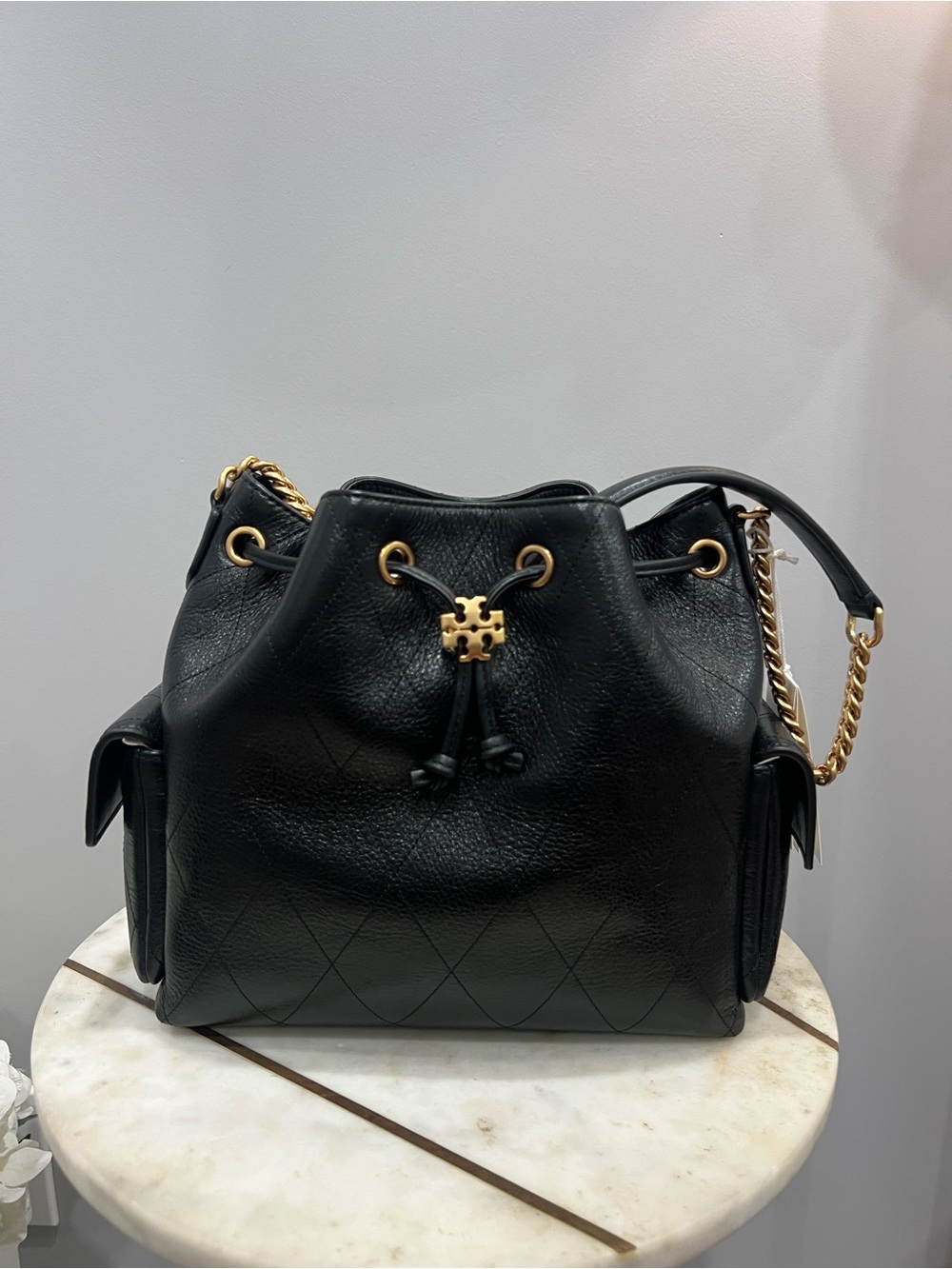 Tory Burch Black Pebbled Leather Drawstring Bucket Bag with Gold Hardware